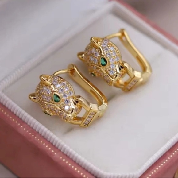 Panthere Emerald Green Eyes Gold Earrings - Picture 4 of 7